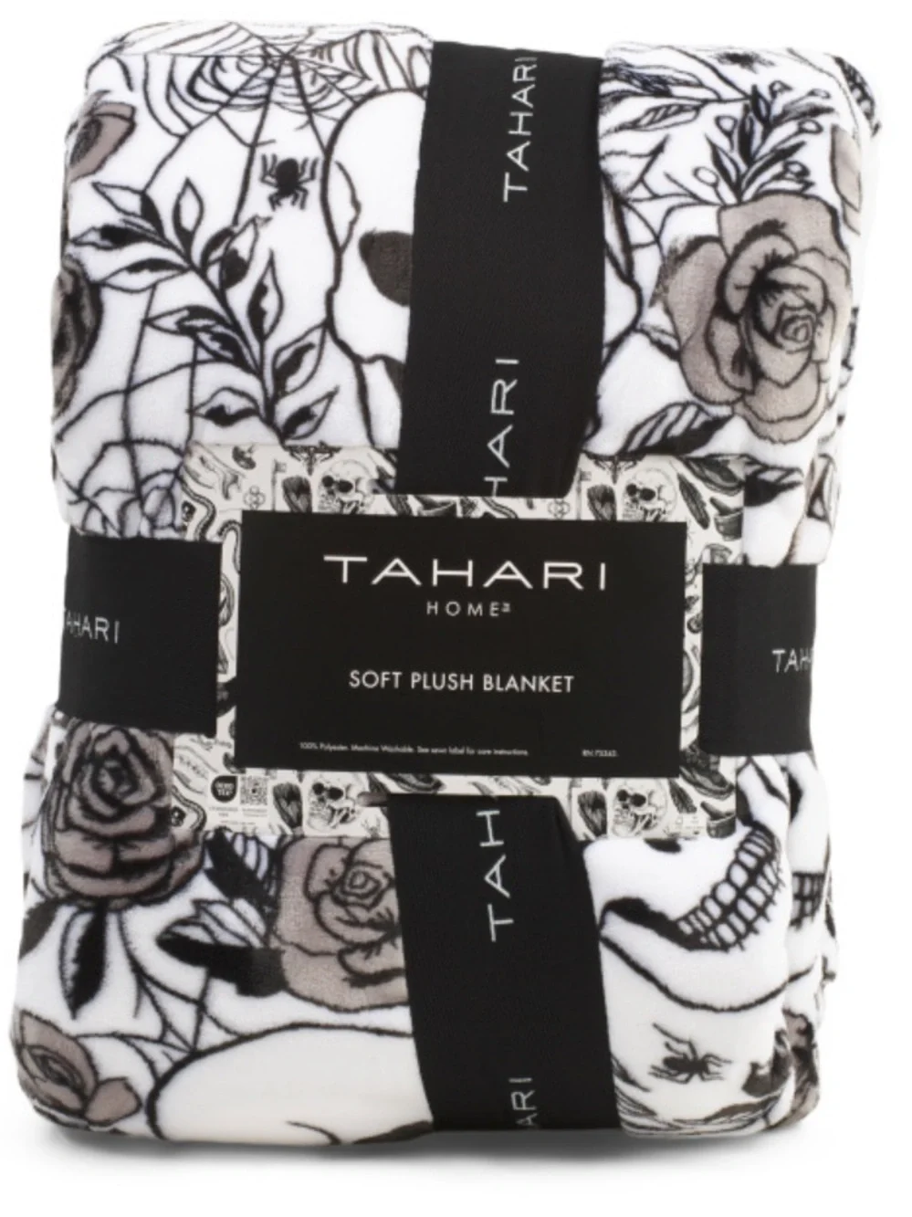 Tahari White, Black & Gray Floral Skull Soft Plush Blanket